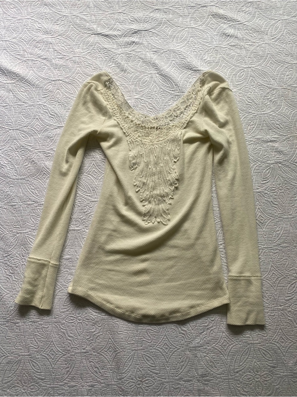 Free People Cream Lace-Trim Long Sleeve Scoop Neck Top